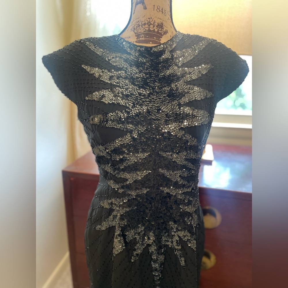 Alyce Designs Vintage Black Silk Sequin Dress ~ Long Length ~ Open Back ~